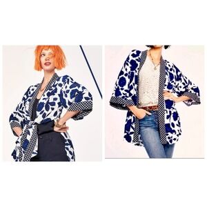 Cabi Blue Floral Kimono Wrap Jacket Checkered Trim Viscose 5661 Women M/L